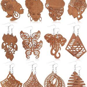 12 Pairs African Wooden Earrings for Women Bohemian Wood Ethnic Dangle Drops Bul